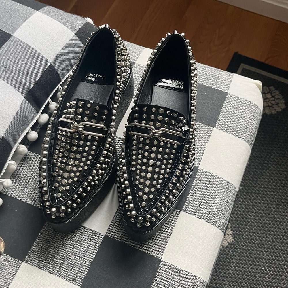 Jeffrey Campbell Choux St Pointed Toe Platform-Black Crinkle Pat Silver 6.5